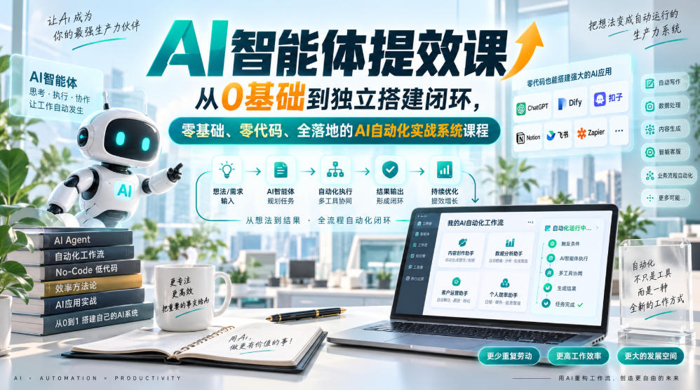 AI智能体提效课，从0基础到独立搭建闭环，零基础、零代码、全落地的AI自动化实战系统课程-孔明聊项目
