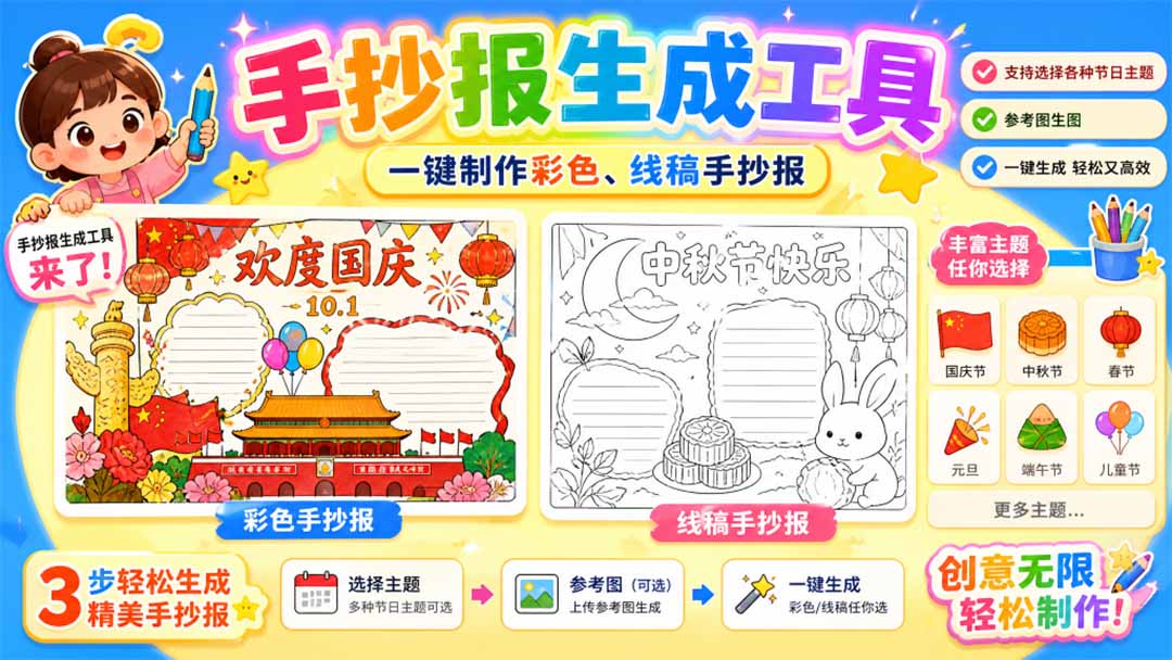 手抄报批量生成工具来了，完全免费，告别豆包生图，这个高清无水印-孔明聊项目