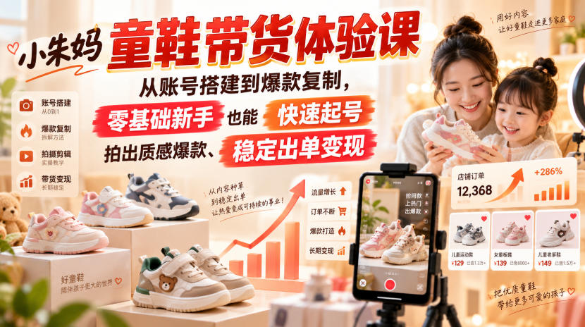 小朱妈童鞋带货体验课，从账号搭建到爆款复制，零基础新手也能快速起号、拍出质感爆款、稳定出单变现-孔明聊项目
