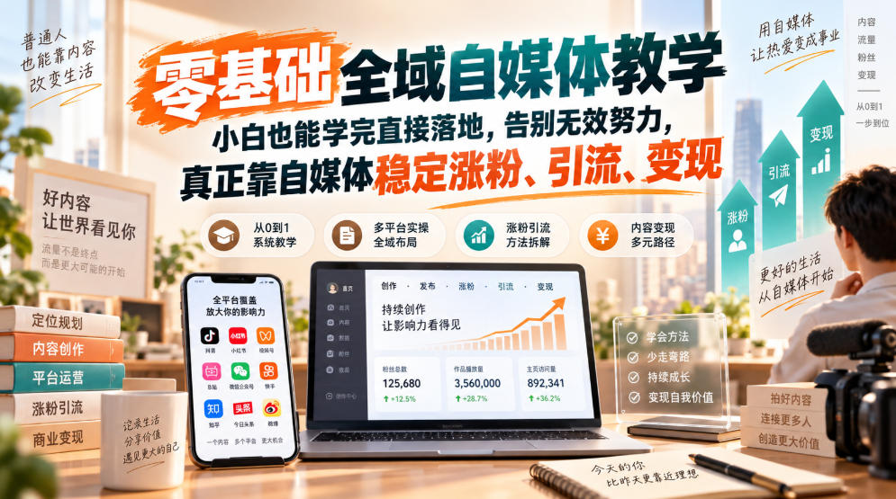 零基础全域自媒体教学，小白也能学完直接落地，告别无效努力，真正靠自媒体稳定涨粉、引流、变现-孔明聊项目