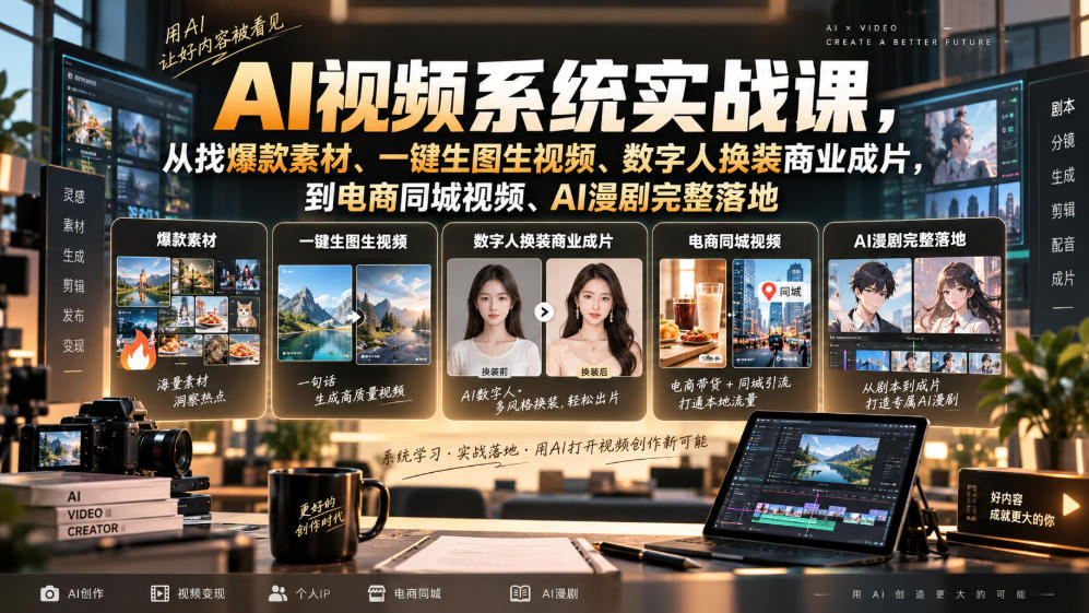 AI视频系统实战课，从找爆款素材、一键生图生视频、数字人换装商业成片，到电商同城视频、AI漫剧完整落地-孔明聊项目
