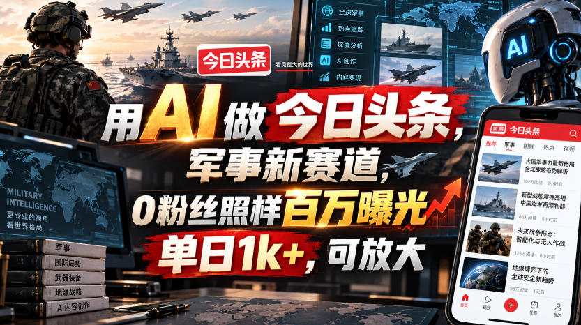用AI做今日头条，军事新赛道，0粉丝照样百万曝光，单日1k+，可放大-孔明聊项目