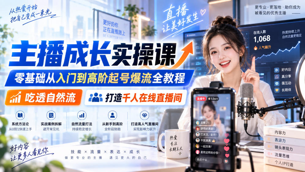 主播成长实操课｜零基础从入门到高阶起号爆流全教程，吃透自然流，打造千人在线直播间-孔明聊项目