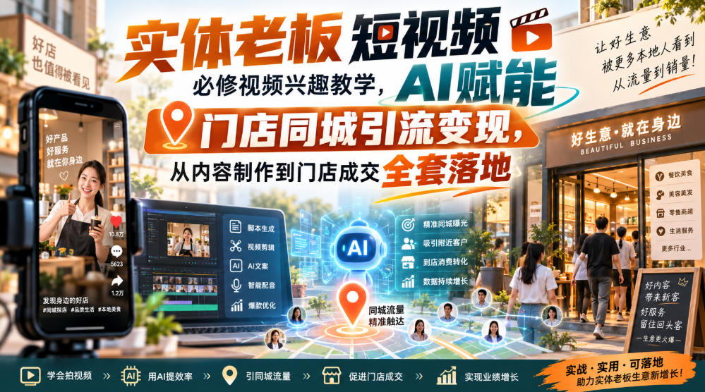 实体老板短视频必修视频兴趣教学，AI赋能门店同城引流变现，AI+短视频+直播打爆实体客流量-孔明聊项目