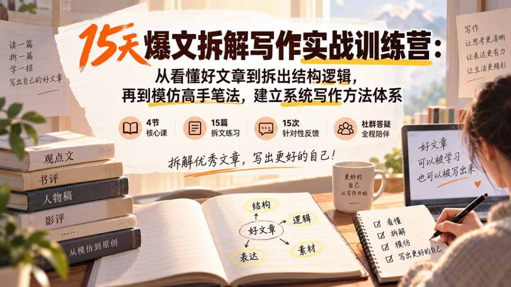 15天爆文拆解写作实战训练营：从看懂好文章到拆出结构逻辑，再到模仿高手笔法，建立系统写作方法体系-孔明聊项目