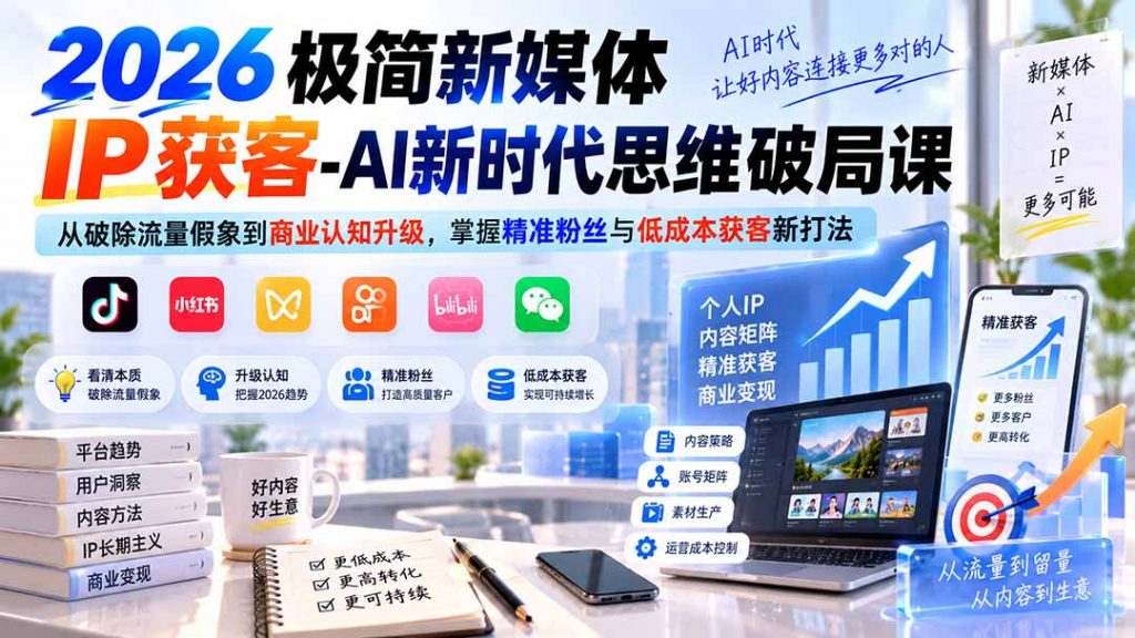 2026极简新媒体IP获客-AI新时代思维破局课：从破除流量假象到商业认知升级，掌握精准粉丝与低成本获客新打法-孔明聊项目