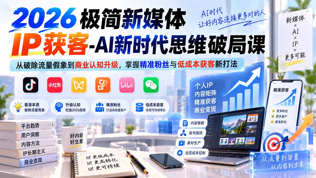 2026极简新媒体IP获客-AI新时代思维破局课：从破除流量假象到商业认知升级，掌握精准粉丝与低成本获客新打法-孔明聊项目