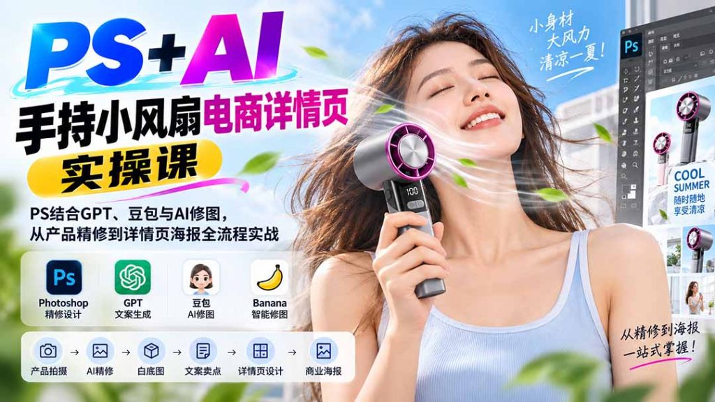 PS+AI手持小风扇电商详情页实操课：PS结合GPT、豆包与AI修图，从产品精修到详情页海报全流程实战-孔明聊项目