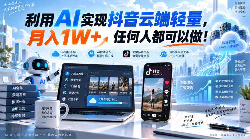 利用AI实现抖音云端轻量，月入1W+，任何人都可以做！【揭秘】-孔明聊项目