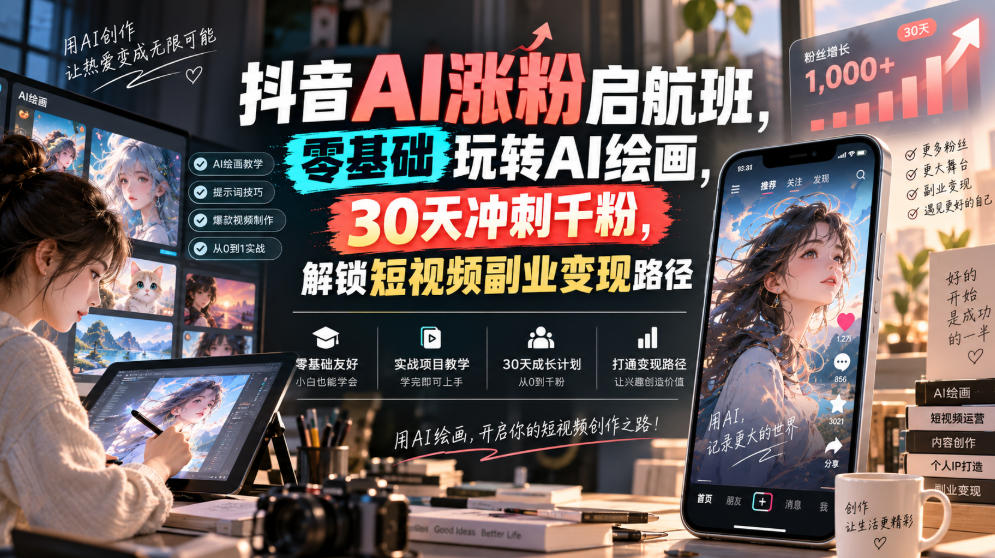 抖音AI涨粉启航班，零基础玩转AI绘画，30天冲刺千粉，解锁短视频副业变现路径-孔明聊项目