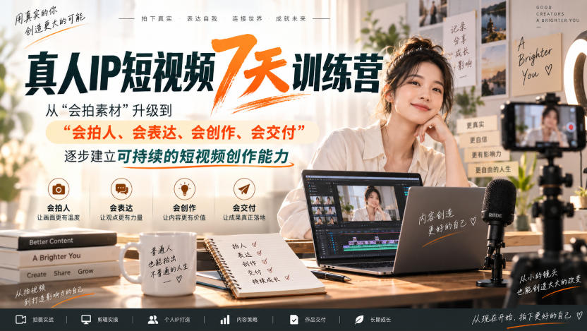 真人IP短视频7天训练营，从“会拍素材”升级到“会拍人、会表达、会创作、会交付”，逐步建立可持续的短视频创作能力-孔明聊项目