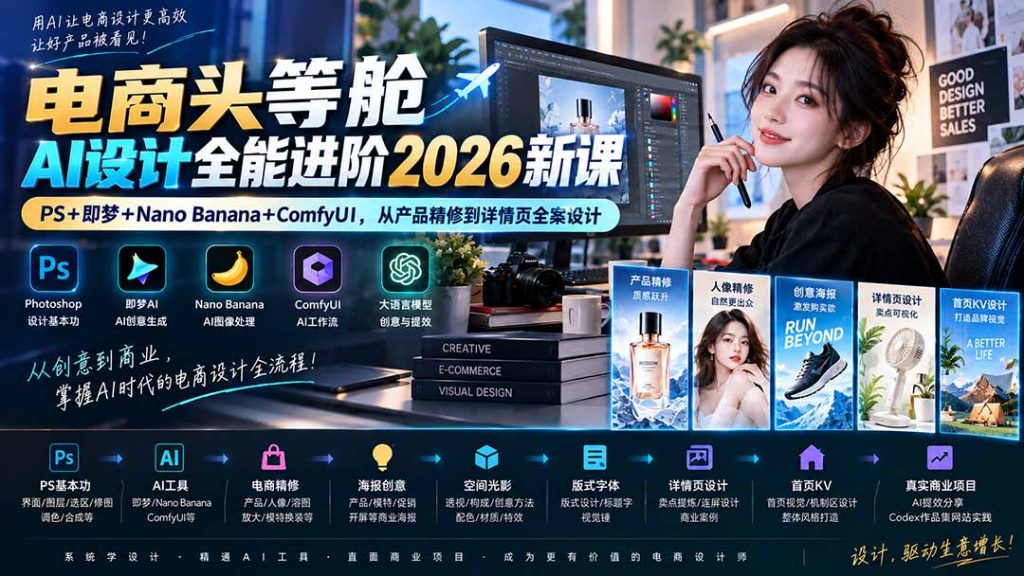电商头等舱AI设计全能进阶2026新课：PS+即梦+Nano Banana+ComfyUI，从产品精修到详情页全案设计-孔明聊项目