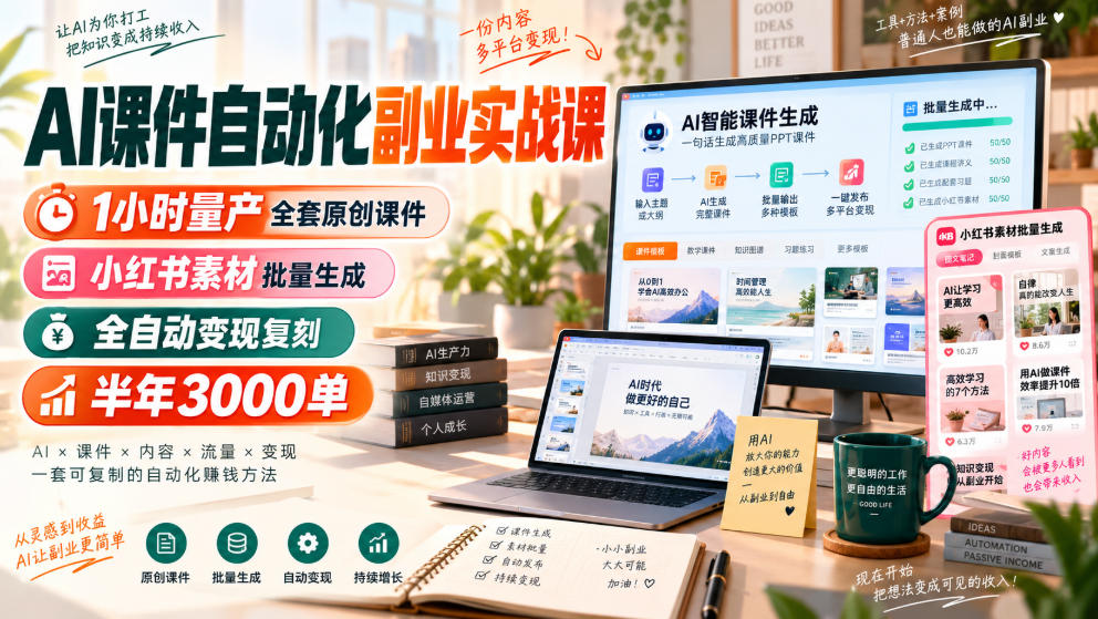 AI课件自动化副业实战课，1小时量产全套原创课件，小红书素材批量生成，全自动变现复刻，半年3000单-孔明聊项目