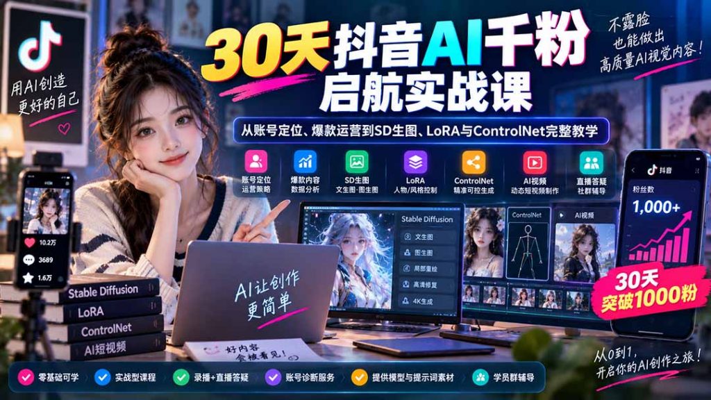 30天抖音AI千粉启航实战课:从账号定位、爆款运营到SD生图、LoRA与ControlNet完整教学-孔明聊项目