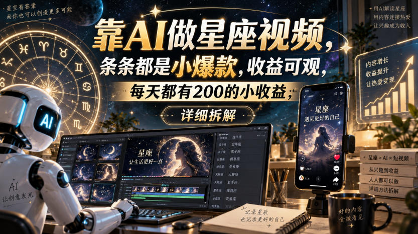 靠AI做星座视频，条条都是小爆款，收益可观，每天都有200的小收益，详细拆解-孔明聊项目