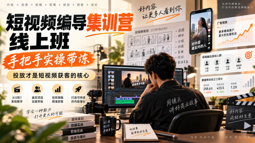 短视频编导集训营线上班，手把手实操带冻，投放才是短视频获客的核心-孔明聊项目