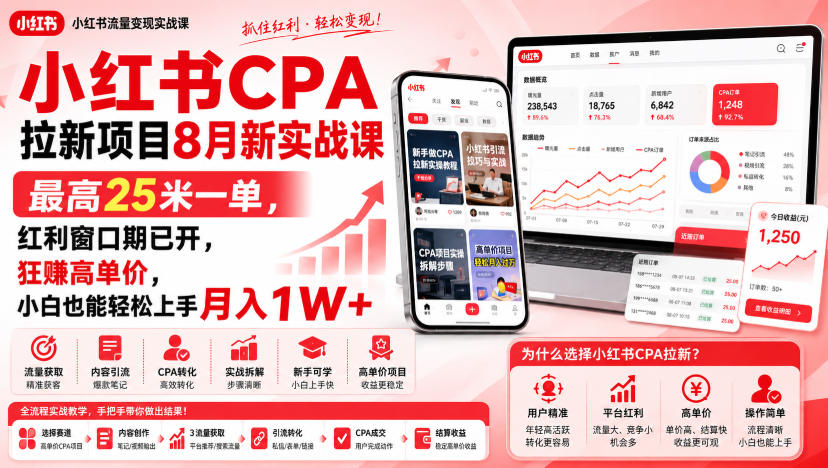 小红书CPA拉新项目8月新实战课，最高25米一单，红利窗口期已开，狂賺高单价，小白也能轻松上手月入1W+(更新0907)-孔明聊项目
