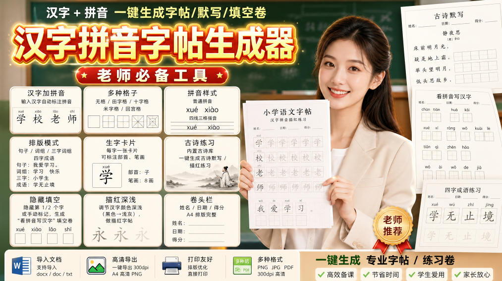 学习神器，汉字拼音字帖生成器，汉字+拼音 一键生成字帖/默写/填空卷，支持词组、成语，老师、家长必备-孔明聊项目
