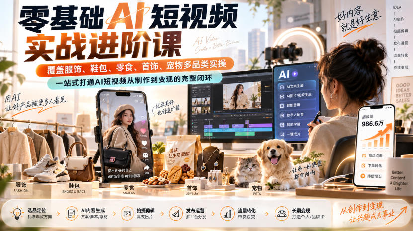 零基础AI短视频实战进阶课，覆盖服饰、鞋包、零食、首饰、宠物多品类实操，一站式打通AI短视频从制作到变现的完整闭环-孔明聊项目