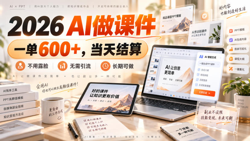 2026 AI做课件，一单600+，当天结算，不用露脸，无需引流，长期可做【揭秘】-孔明聊项目