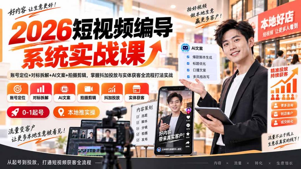 2026短视频编导系统实战课：账号定位+对标拆解+AI文案+拍摄剪辑，掌握抖加投放与实体获客全流程打法实战-孔明聊项目