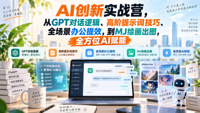 AI创新实战营，从GPT对话逻辑、高阶提示词技巧、全场景办公提效，到MJ绘画出图，全方位AI赋能-孔明聊项目