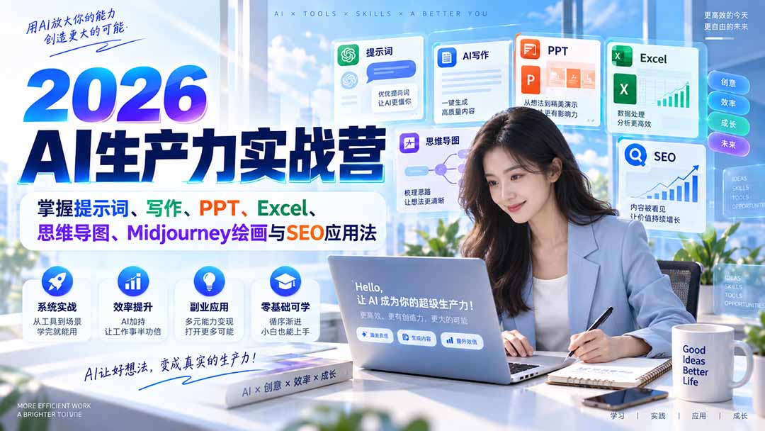 2026AI生产力实战营：掌握提示词、写作、PPT、Excel、思维导图、Midjourney绘画与SEO应用法-孔明聊项目