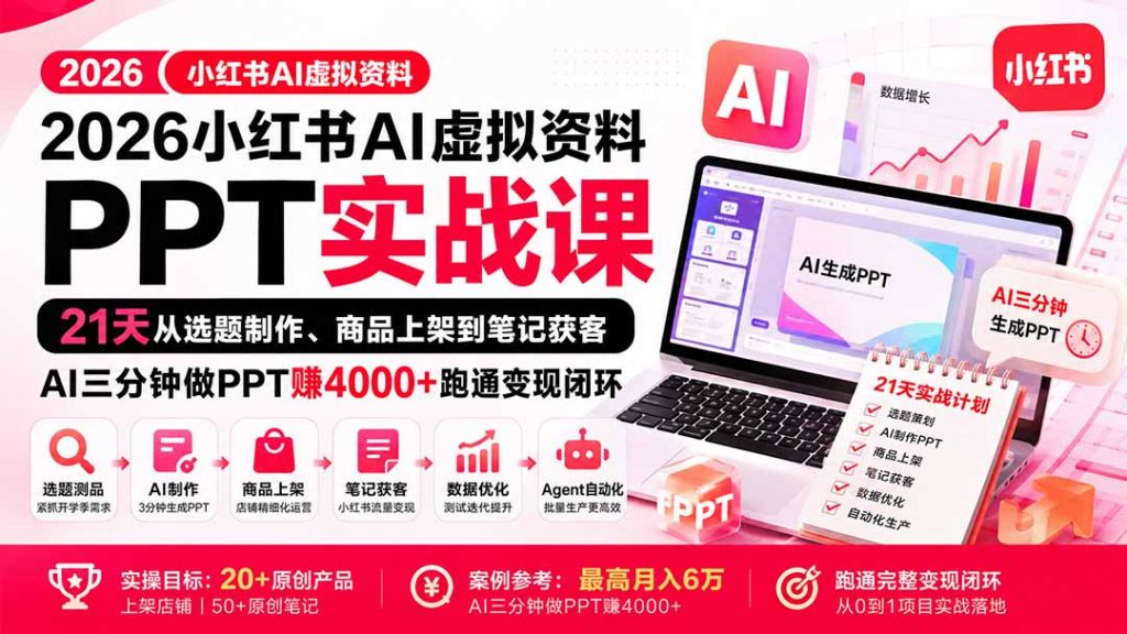2026小红书AI虚拟资料PPT实战课：21天从选题制作、商品上架到笔记获客，AI三分钟做PPT赚4000+跑通变现闭环-孔明聊项目