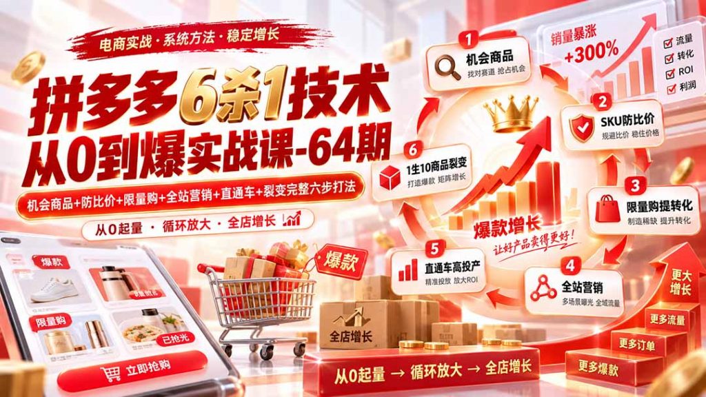 拼多多6杀1技术从0到爆实战课-64期：机会商品+防比价+限量购+全站营销+直通车+裂变完整六步打法-孔明聊项目