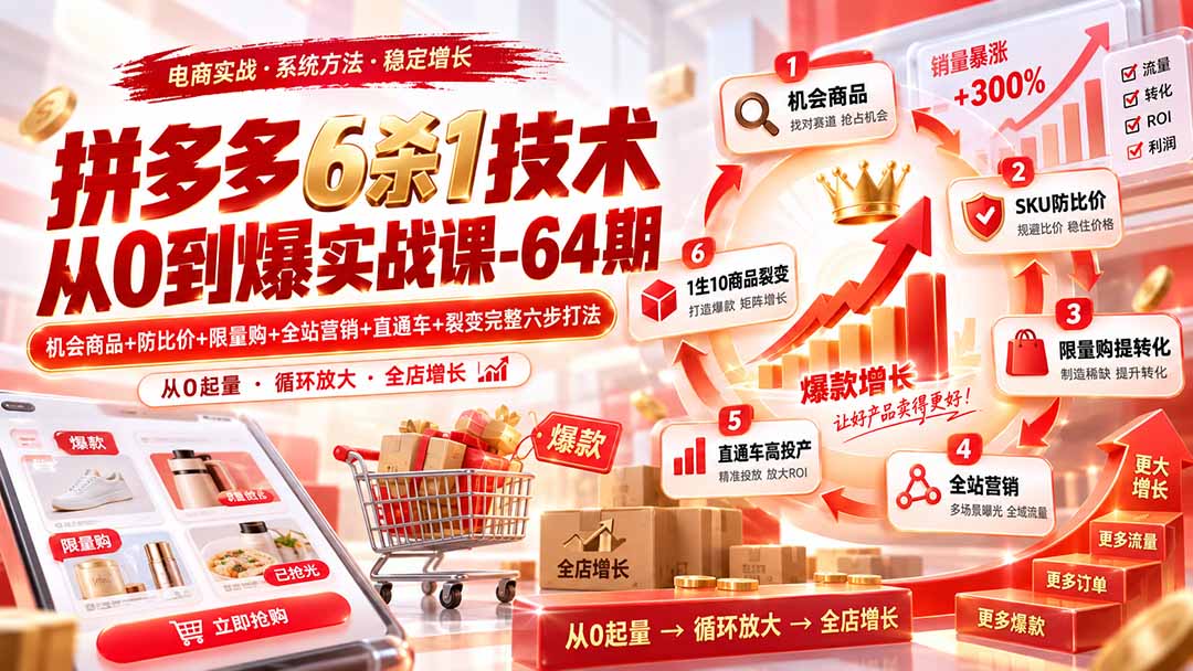 拼多多6杀1技术从0到爆实战课-64期：机会商品+防比价+限量购+全站营销+直通车+裂变完整六步打法-孔明聊项目