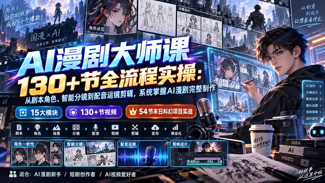 AI漫剧大师课130+节全流程实操：从剧本角色、智能分镜到配音运镜剪辑，系统掌握AI漫剧完整制作-孔明聊项目