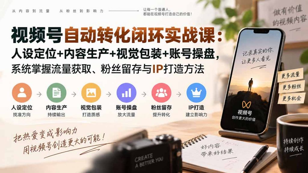 视频号自动转化闭环实战课：人设定位+内容生产+视觉包装+账号操盘，系统掌握流量获取、粉丝留存与IP打造方法-孔明聊项目