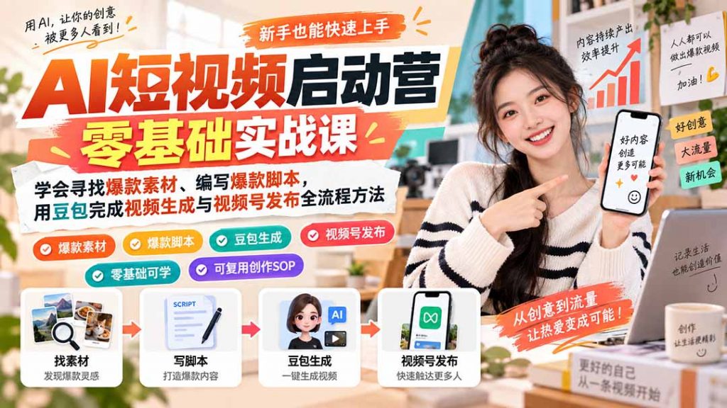 AI短视频启动营零基础实战课:学会寻找爆款素材、编写爆款脚本,用豆包完成视频生成与视频号发布全流程方法-孔明聊项目