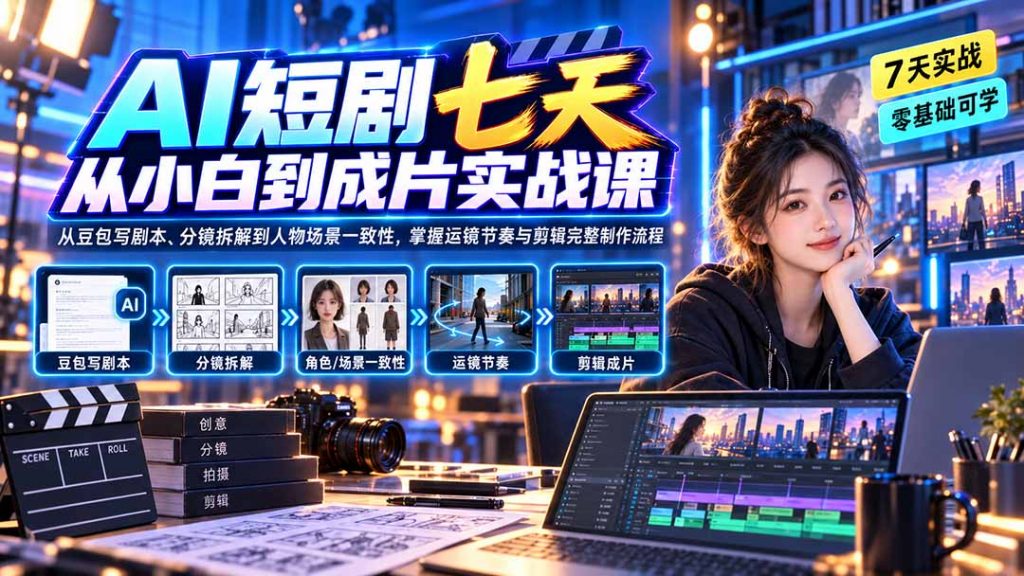 AI短剧七天从小白到成片实战课:从豆包写剧本、分镜拆解到人物场景一致性,掌握运镜节奏与剪辑完整制作流程-孔明聊项目