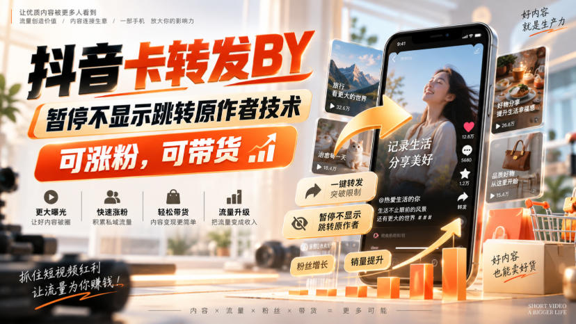 抖音卡转发搬运，暂停不显示跳转原作者技术，可涨粉，可带货-孔明聊项目