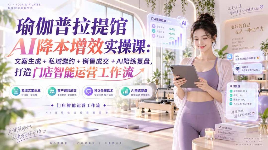 瑜伽普拉提馆AI降本增效实操课：文案生成+私域邀约+销售成交+AI陪练复盘，打造门店智能运营工作流-孔明聊项目