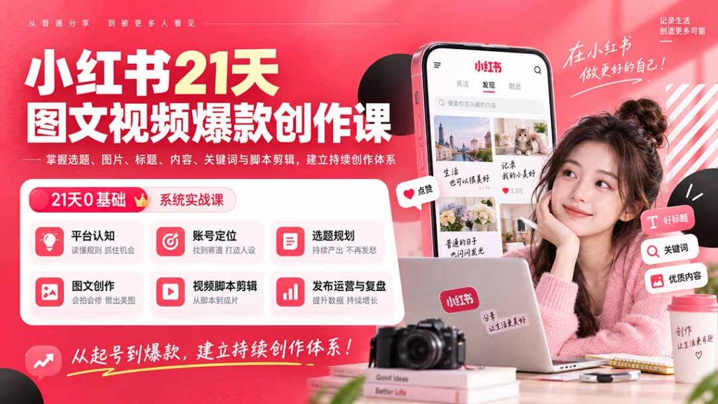 小红书21天图文视频爆款创作课：掌握选题、图片、标题、内容、关键词与脚本剪辑，建立持续创作体系-孔明聊项目