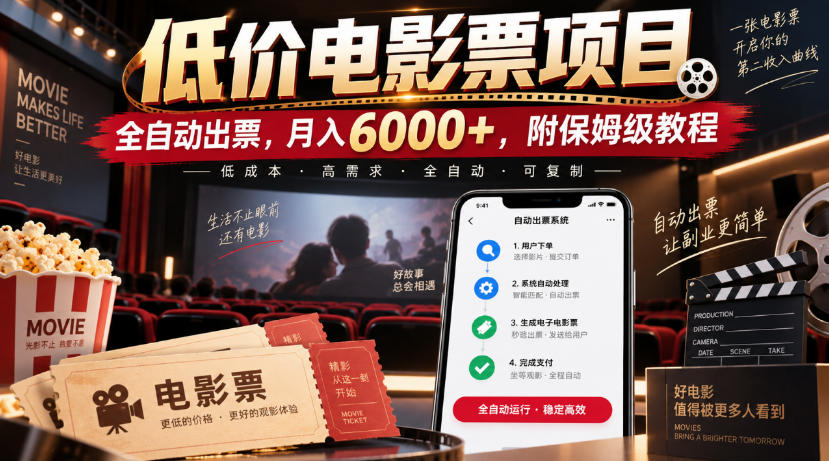 低价电影票项目，全自动出票，月入6000+，附保姆级教程【揭秘】-孔明聊项目