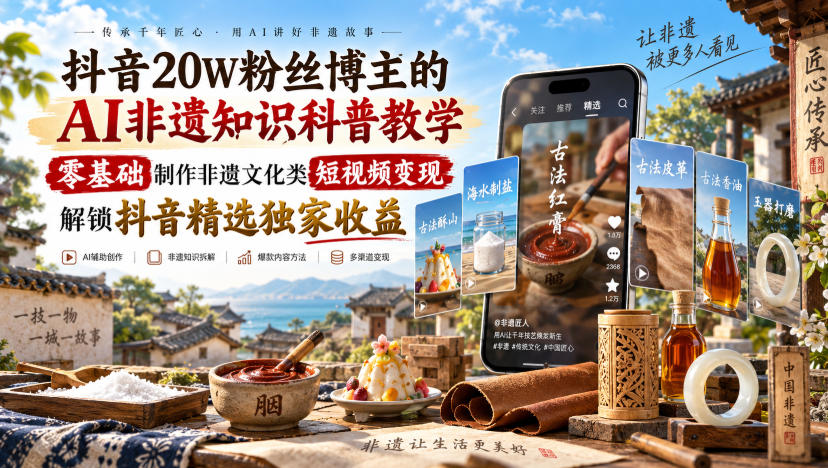 抖音20W粉丝博主的AI非遗知识科普教学，零基础制作非遗文化类短视频变现，解锁抖音精选独家收益-孔明聊项目