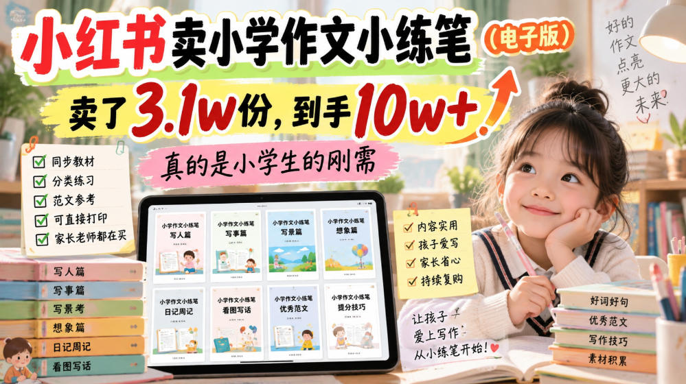小红书卖小学作文小练笔(电子版)，卖了3.1w份，到手10w+，真的是小学生的刚需-孔明聊项目