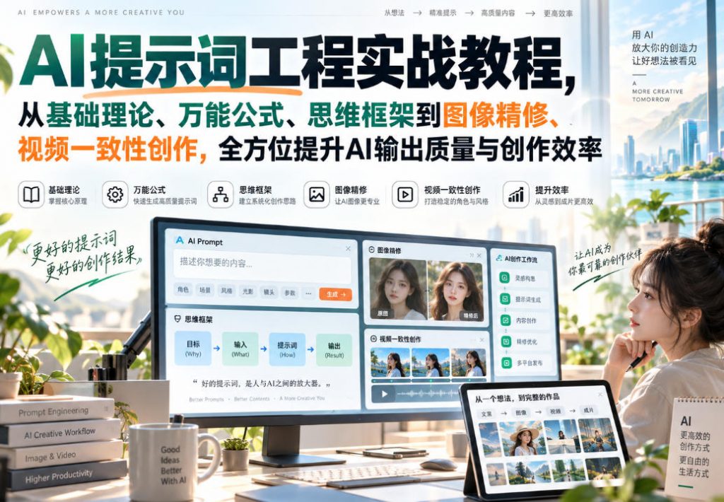 AI提示词工程实战教程，从基础理论、万能公式、思维框架到图像精修、视频一致性创作，全方位提升AI输出质量与创作效率-孔明聊项目