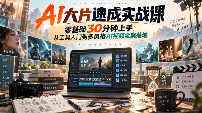 AI大片速成实战课｜零基础30分钟上手，从工具入门到多风格AI视频全案落地​-孔明聊项目