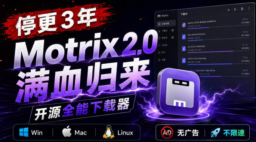 停更3年，Motrix 2.0满血归来：开源全能下载器，Win/Mac/Linux通吃，无广告不限速-孔明聊项目