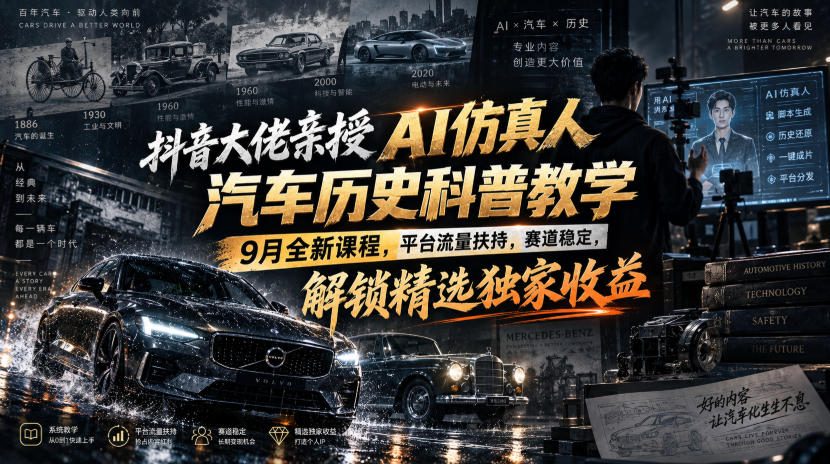 抖音大佬亲授AI仿真人汽车历史科普教学，9月全新课程，平台流量扶持，赛道稳定，解锁精选独家收益-孔明聊项目