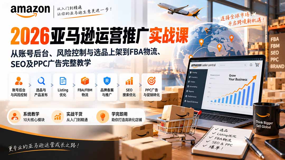 2026亚马逊运营推广实战课：从账号后台、风险控制与选品上架到FBA物流、SEO及PPC广告完整教学-孔明聊项目