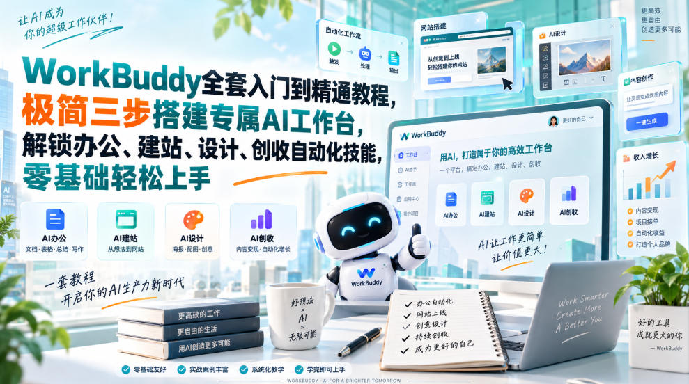 WorkBuddy全套入门到精通教程，极简三步搭建专属AI工作台，解锁办公、建站、设计、创收自动化技能，零基础轻松上手-孔明聊项目