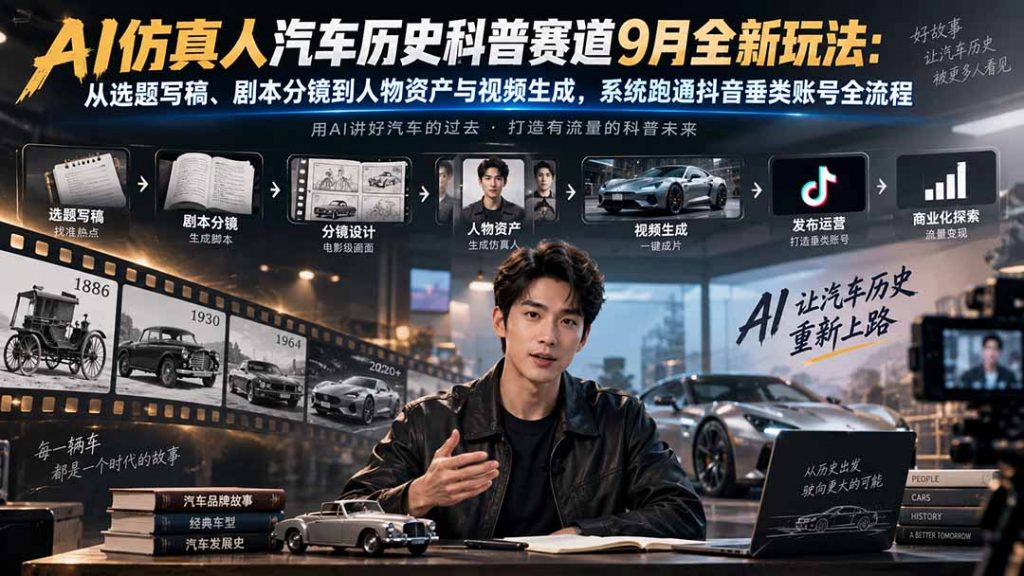 AI仿真人汽车历史科普赛道9月全新玩法：从选题写稿、剧本分镜到人物资产与视频生成，系统跑通抖音垂类账号全流程-孔明聊项目