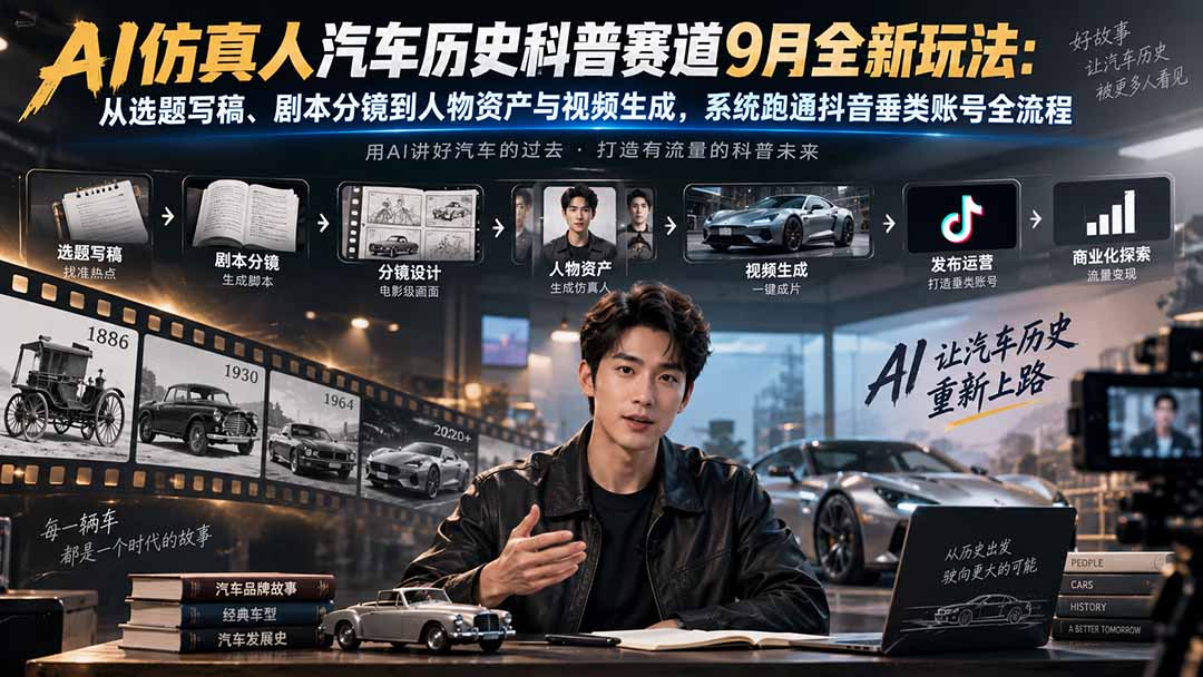 AI仿真人汽车历史科普赛道9月全新玩法：从选题写稿、剧本分镜到人物资产与视频生成，系统跑通抖音垂类账号全流程-孔明聊项目