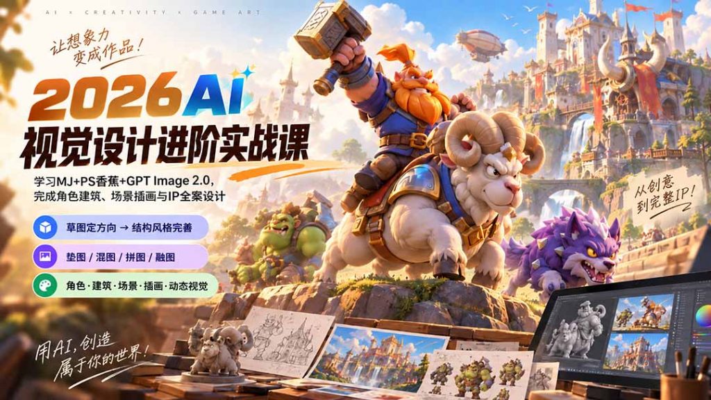 2026AI视觉设计进阶实战课-更新：学习MJ+PS香蕉+GPT Image 2.0，完成角色建筑、场景插画与IP全案设计-孔明聊项目