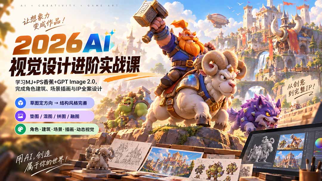 2026AI视觉设计进阶实战课-更新：学习MJ+PS香蕉+GPT Image 2.0，完成角色建筑、场景插画与IP全案设计-孔明聊项目